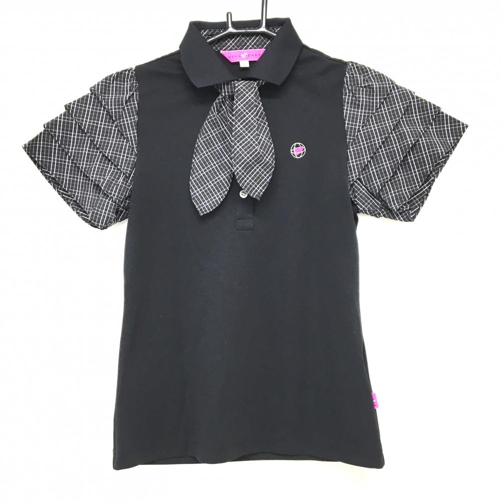 【超美品】ビバハート 半袖ポロシャツ 黒×白 袖・襟付属品チェック 袖フリル レディース 40(M) ゴルフウェア VIVA HEART