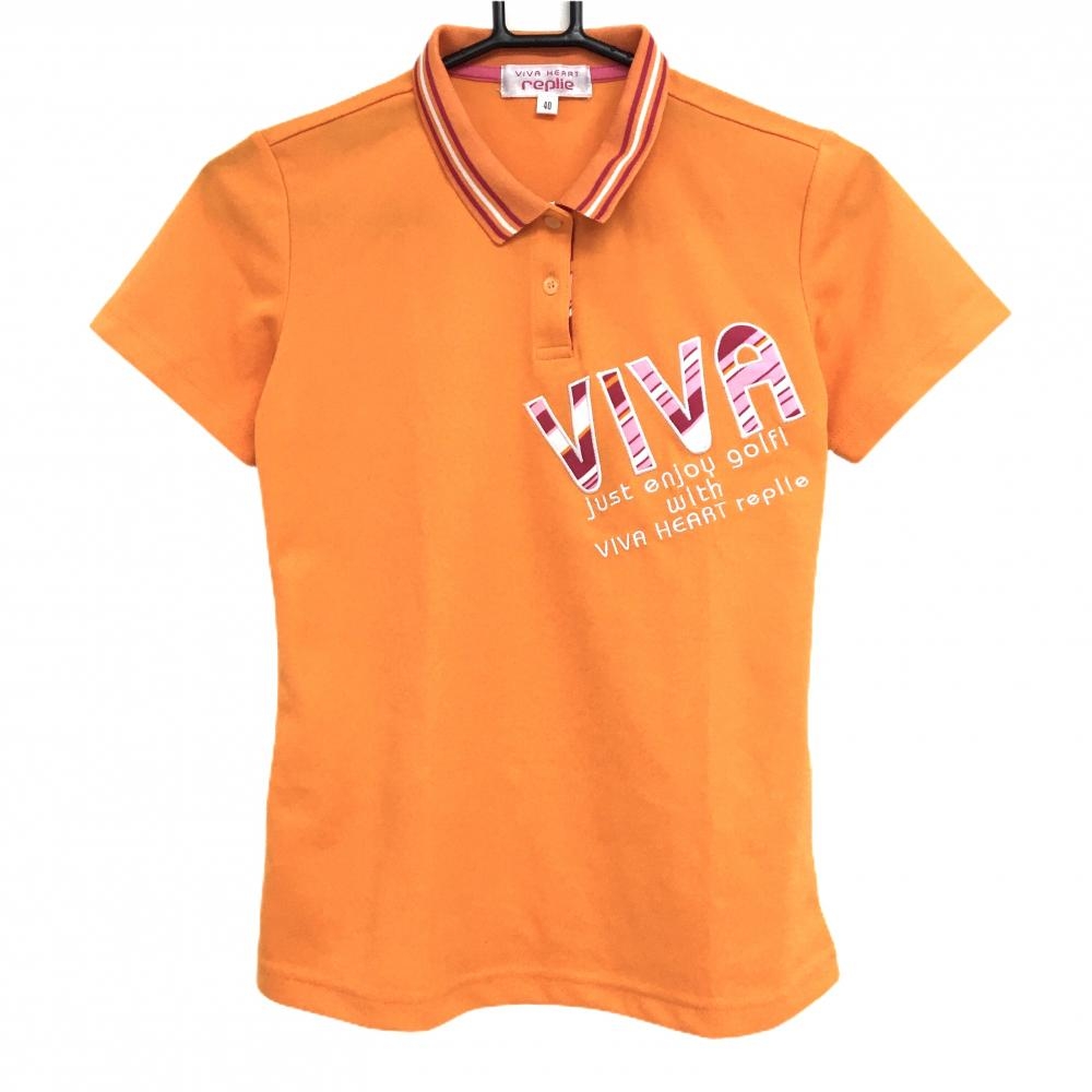 【超美品】ビバハート 半袖ポロシャツ オレンジ×ピンク replie ボーダーロゴ 襟ライン レディース 40(M) ゴルフウェア VIVA HEART