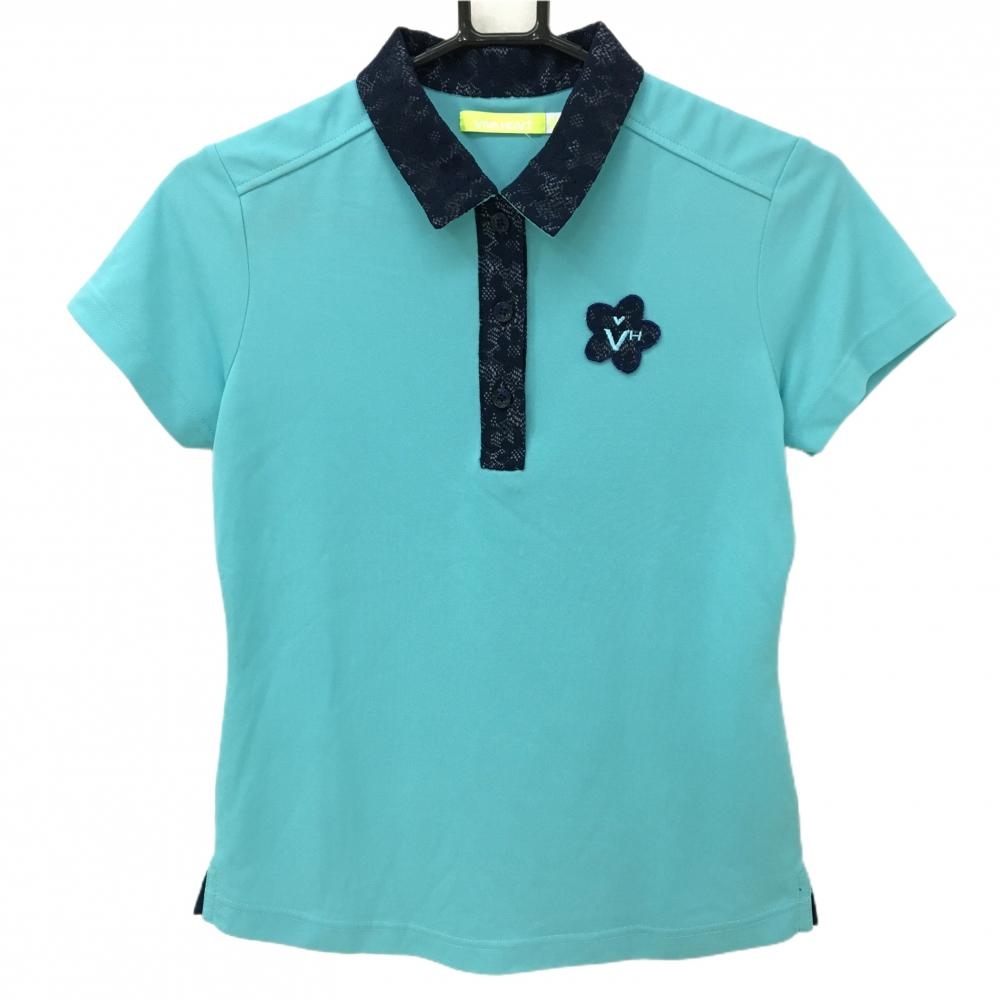 ビバハート 半袖ポロシャツ ライトグリーン×ネイビー 襟・前立てレース生地 レディース 40(Ｍ) ゴルフウェア VIVA HEART