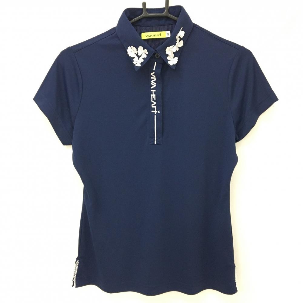 【超美品】ビバハート 半袖ポロシャツ ネイビー×白 襟花 レディース 40(Ｍ) ゴルフウェア VIVA HEART