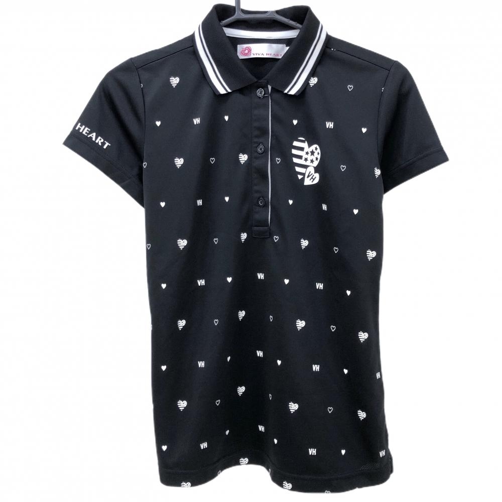【超美品】ビバハート 半袖ポロシャツ 黒×白 前身頃ハート柄 ロゴ  レディース 40(M) ゴルフウェア VIVA HEART
