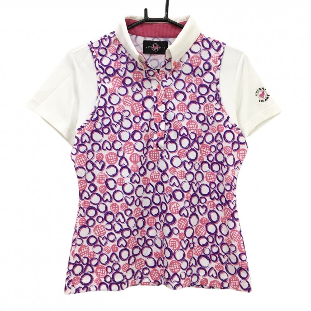 ビバハート 半袖ポロシャツ 白×ピンク レイヤード風 手書き風総柄 ハート レディース 42(L) ゴルフウェア VIVA HEART