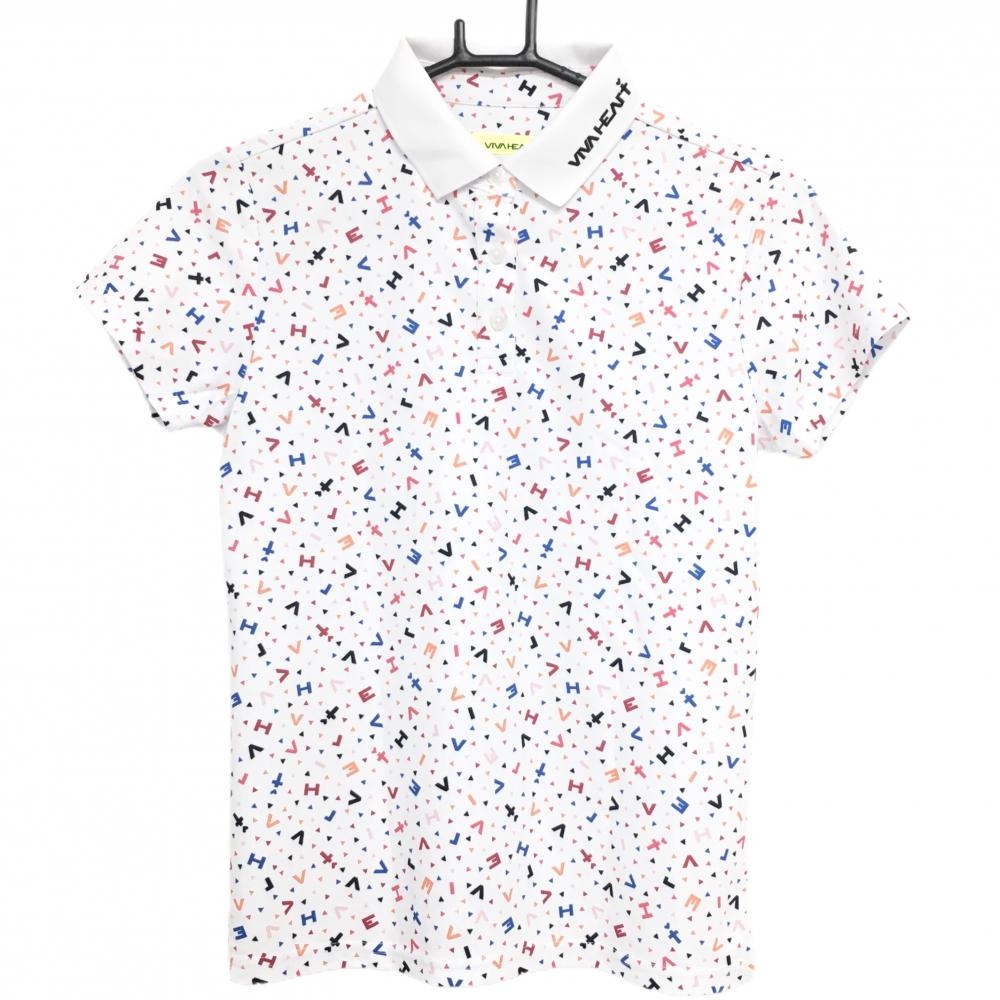 【超美品】ビバハート 半袖ポロシャツ 白×マルチカラー 総柄 襟ロゴ刺しゅう レディース 40(M) ゴルフウェア VIVA HEART