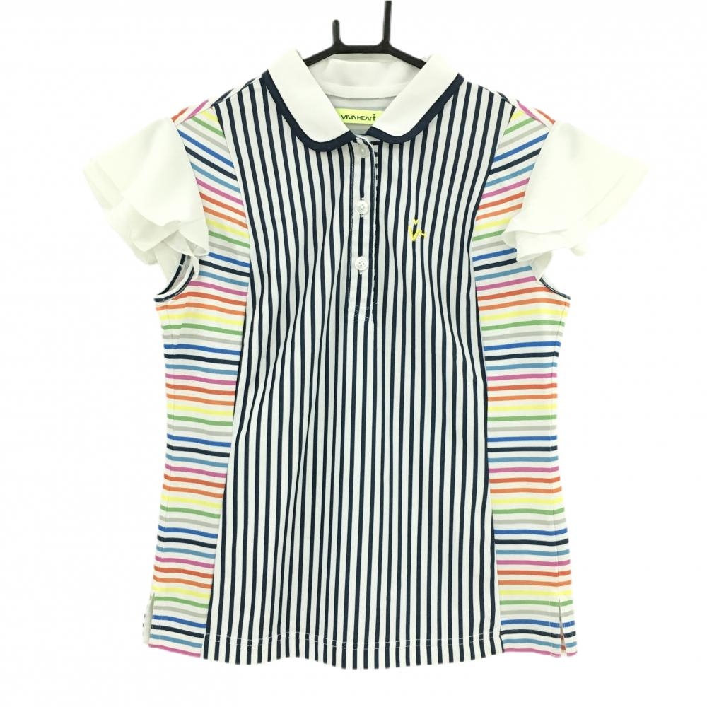 【美品】ビバハート 半袖ポロシャツ 白×ネイビー ストライプ 袖シアー素材  レディース 40(M) ゴルフウェア VIVA HEART