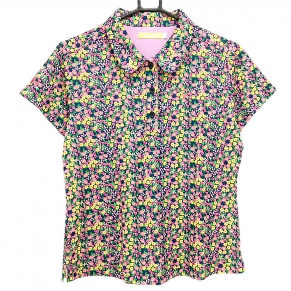 【超美品】ビバハート 半袖ポロシャツ ネイビー×ピンク×イエロー 小花柄 胸ロゴ レディース 42(L) ゴルフウェア VIVA HEART