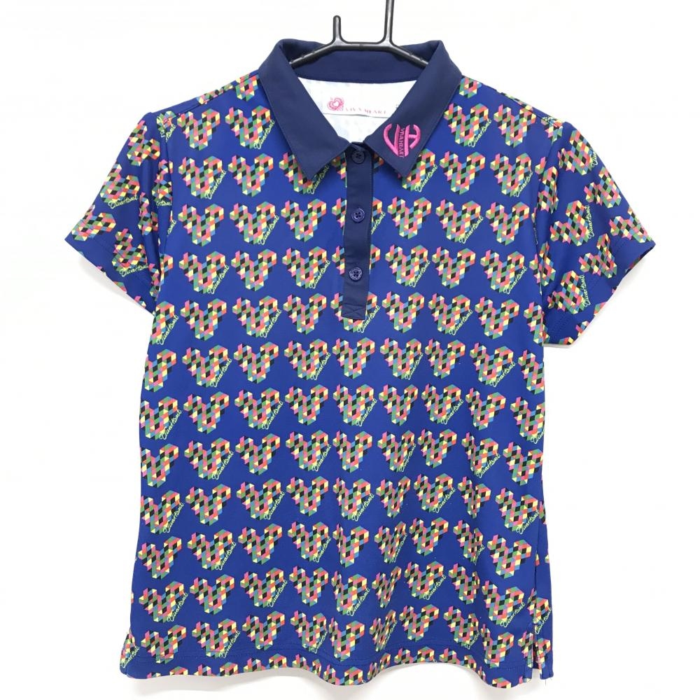 ビバハート 半袖ポロシャツ ネイビー×マルチカラー 総柄 ネックロゴ レディース 42(L) ゴルフウェア VIVA HEART