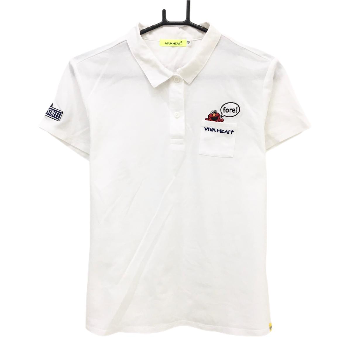 ビバハート×セサミストリート 半袖ポロシャツ 白×レッド エルモ 胸ポケット レディース 44(XL) ゴルフウェア VIVA HEART