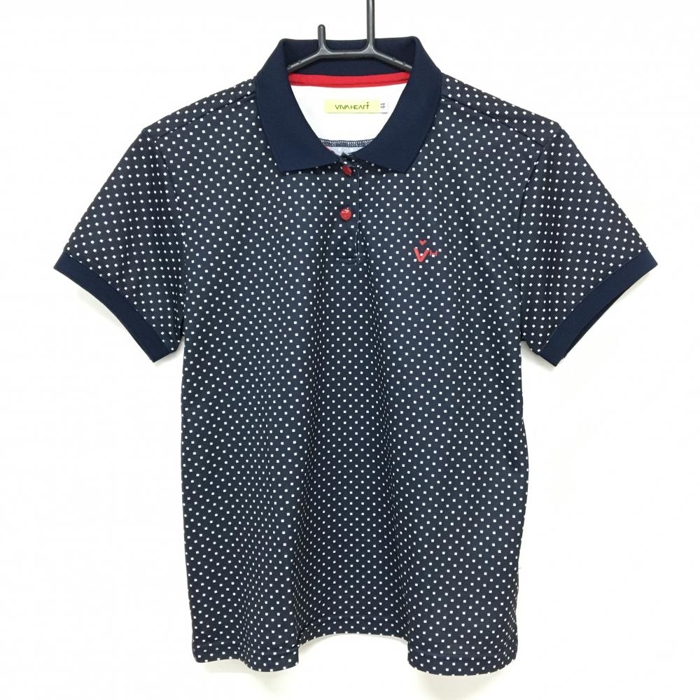 【美品】ビバハート 半袖ポロシャツ ダークネイビー×白 ドット 胸ロゴ  レディース 44(XL) ゴルフウェア VIVA HEART