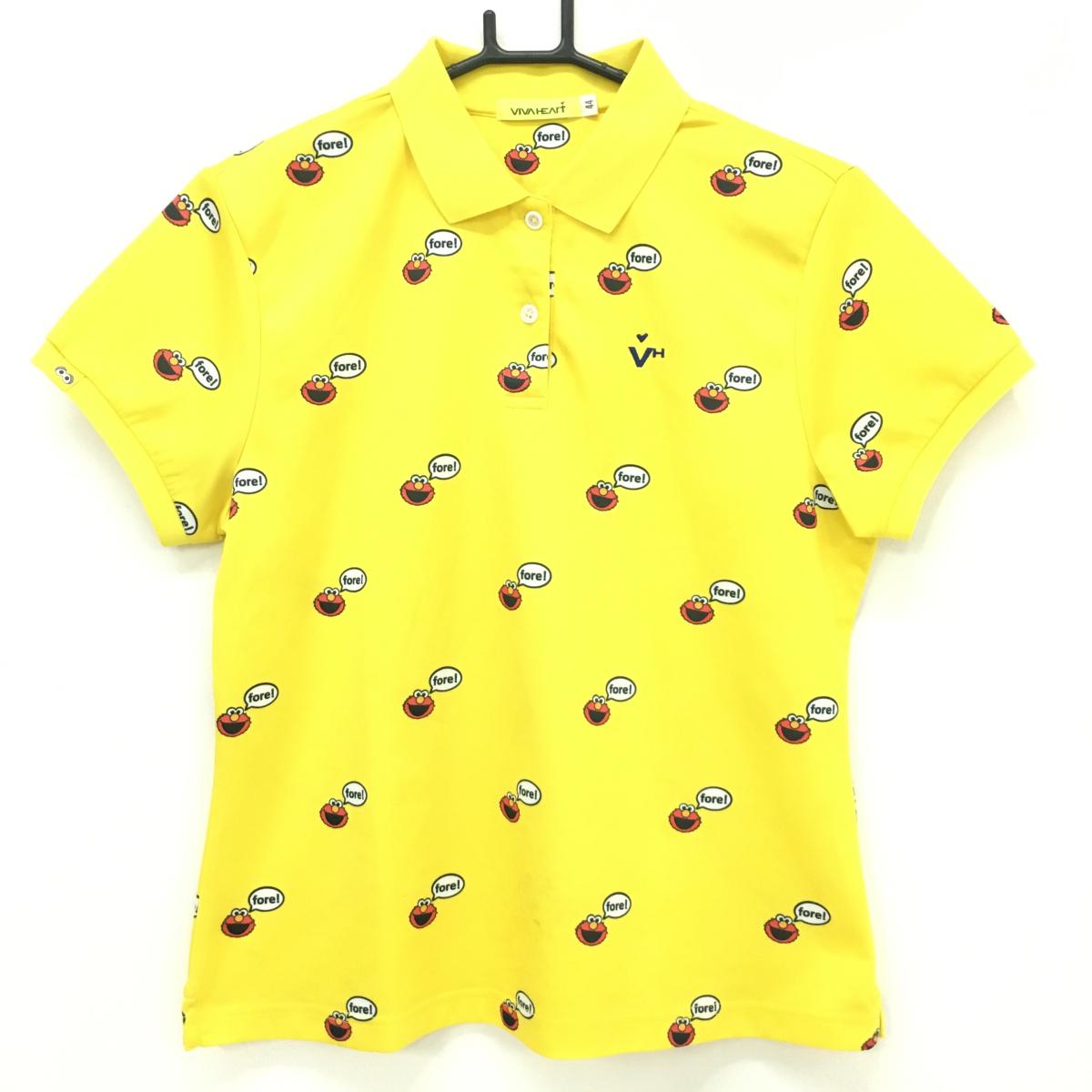 【美品】ビバハート×セサミストリート 半袖ポロシャツ イエロー×レッド エルモ総柄 レディース 44(XL) ゴルフウェア VIVA HEART