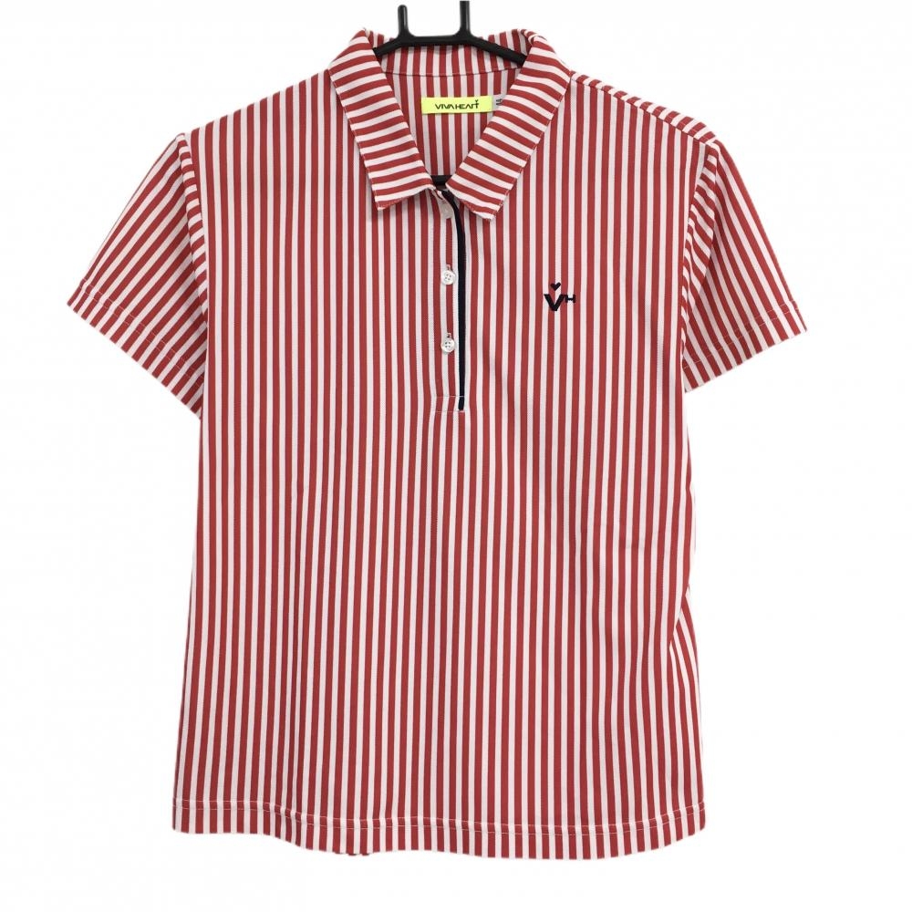 【超美品】ビバハート 半袖ポロシャツ 白×レッド ストライプ 胸ロゴ レディース 44(XL) ゴルフウェア VIVA HEART