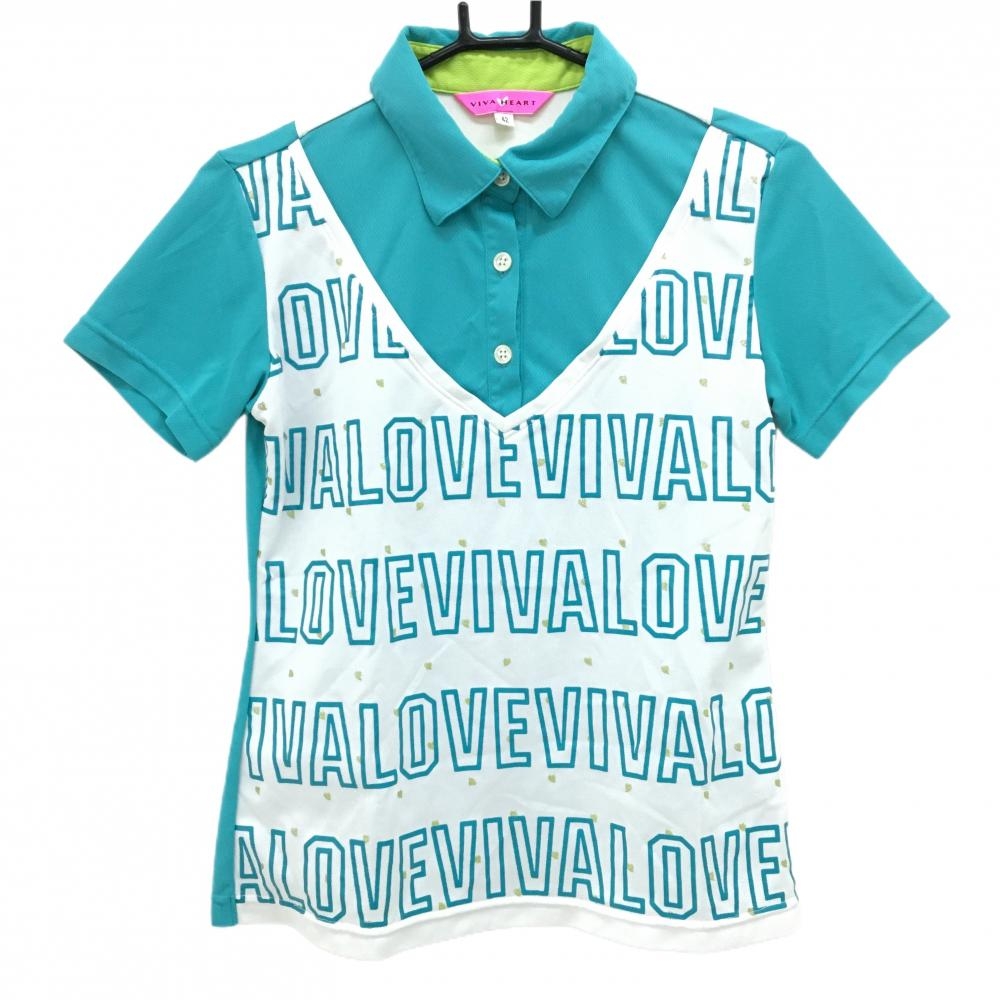ビバハート 半袖ポロシャツ グリーン系×白 前総柄 重ね着風 レディース 42(L) ゴルフウェア VIVA HEART