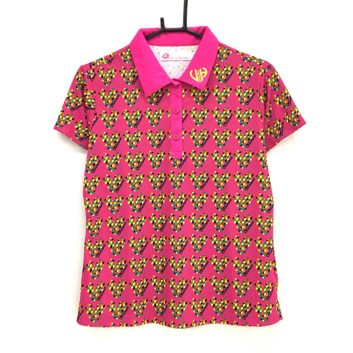 【超美品】ビバハート 半袖ポロシャツ ピンク×マルチカラー ハート総柄 レディース 42(L) ゴルフウェア VIVA HEART