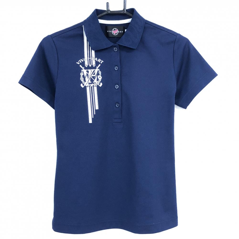 【超美品】ビバハート 半袖ポロシャツ ネイビー×白 胸ロゴ レディース 40(M) ゴルフウェア VIVA HEART
