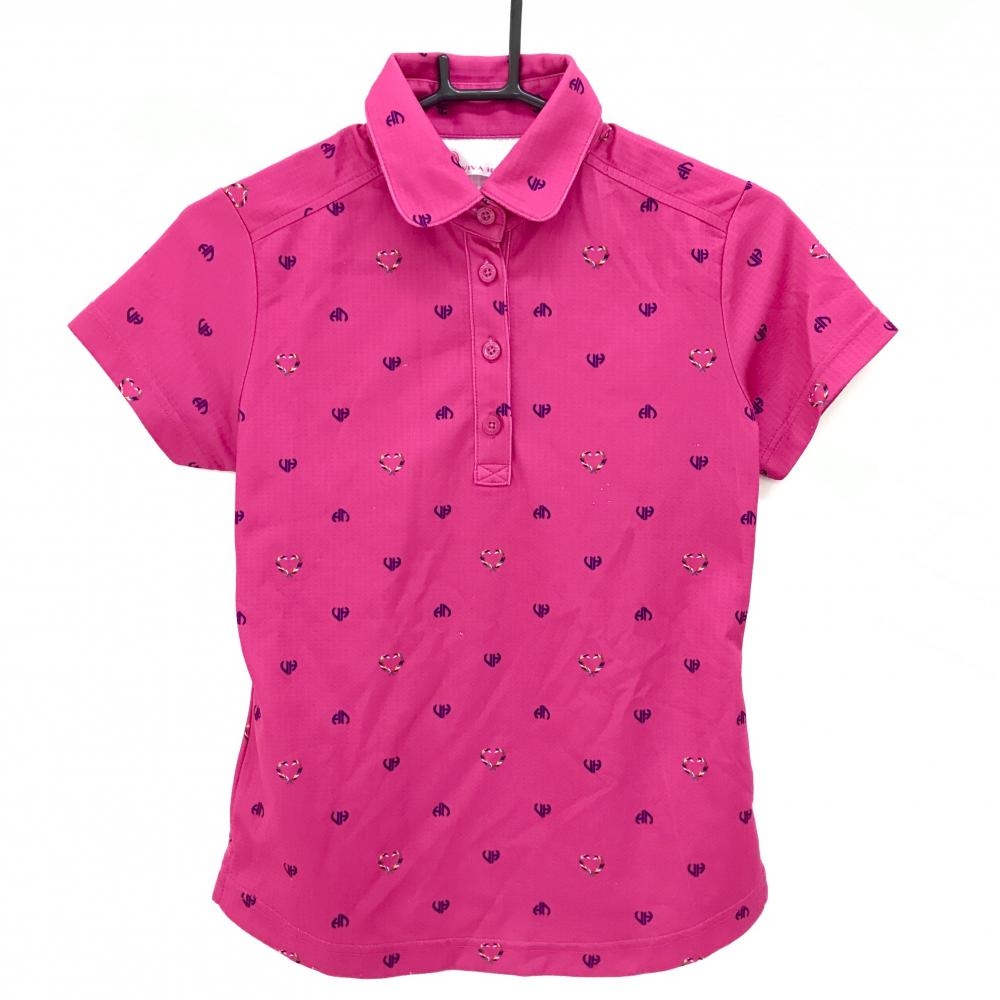 ビバハート 半袖ポロシャツ ピンク×ネイビー 総柄 レディース 40(M) ゴルフウェア VIVA HEART