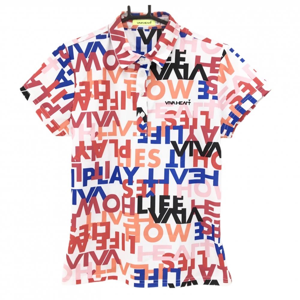 【美品】ビバハート 半袖ポロシャツ 白×マルチカラー ロゴ総柄 レディース 42(L) ゴルフウェア VIVA HEART