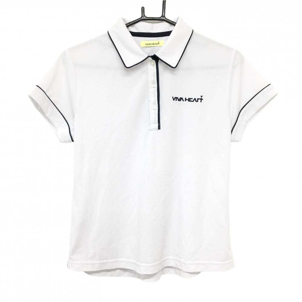 【美品】ビバハート 半袖ポロシャツ 白×ネイビー ロゴ刺しゅう レディース 42(L) ゴルフウェア VIVA HEART