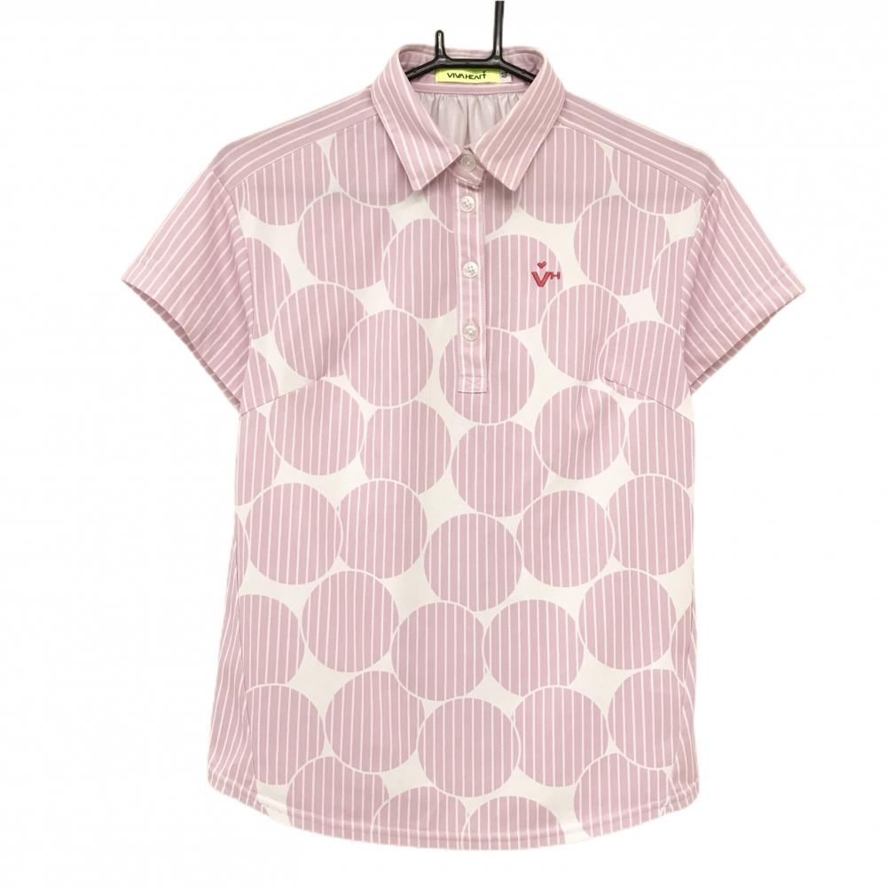 【超美品】ビバハート 半袖ポロシャツ ピンク×白 ストライプ 丸 ネック後ろシャーリング レディース 40(M) ゴルフウェア VIVA HEART
