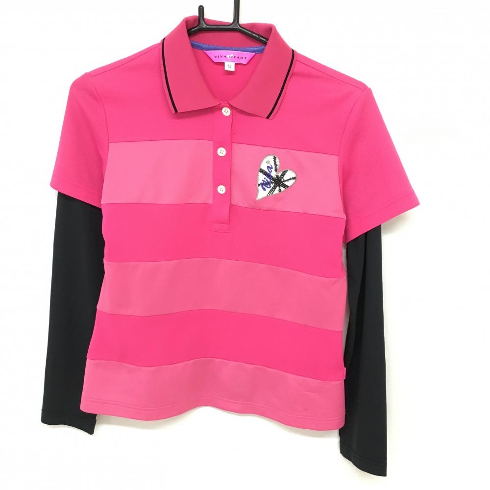 ビバハート 長袖ポロシャツ ピンク×黒 重ね着風 襟裏ロゴ レディース 42 ゴルフウェア VIVA HEART
