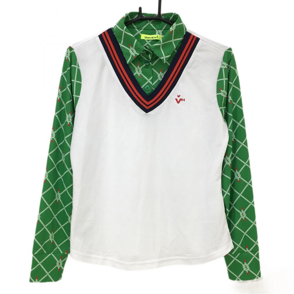 【超美品】ビバハート 重ね着風長袖ポロシャツ 白×グリーン 一部総柄 レディース 42 ゴルフウェア VIVA HEART
