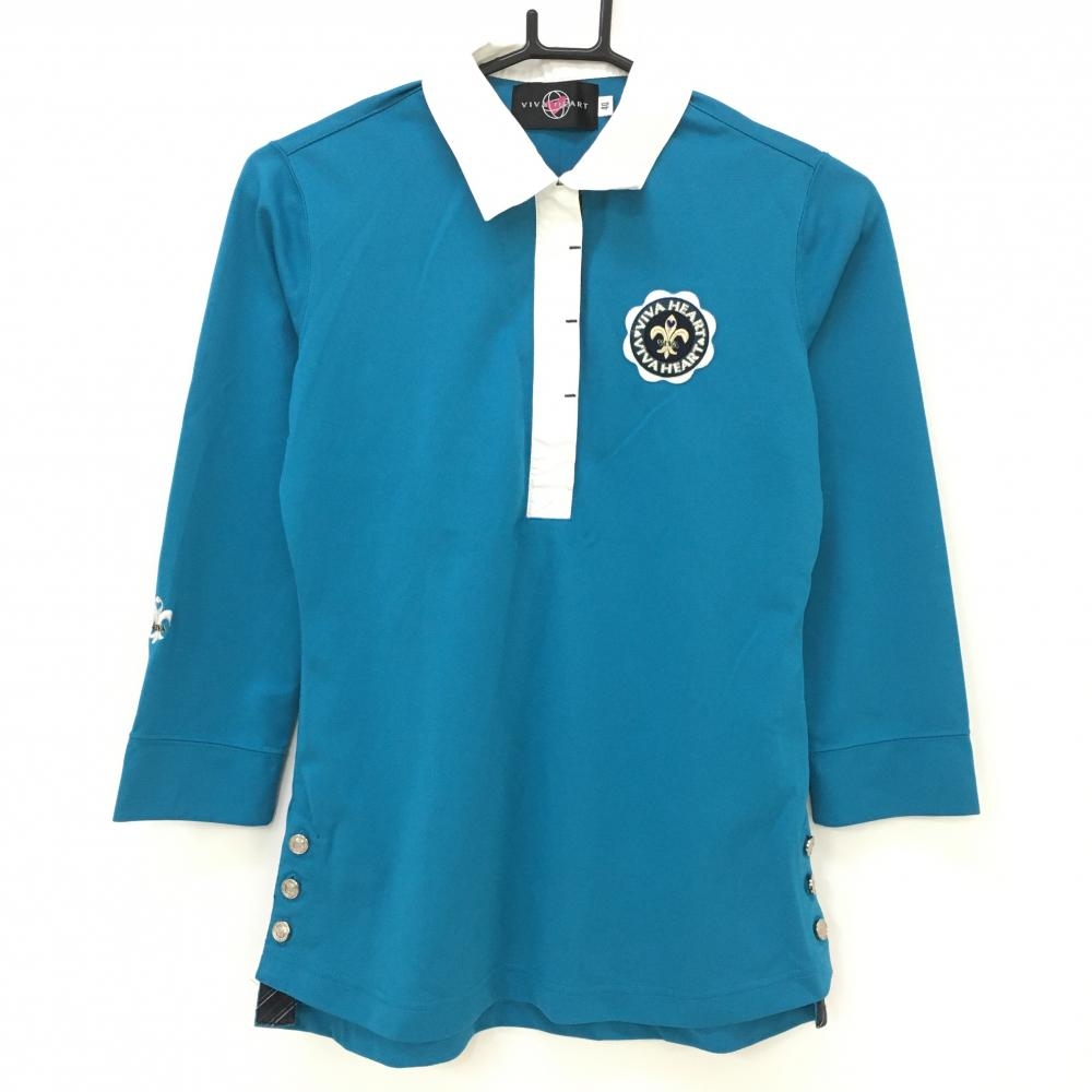 【超美品】ビバハート 半端袖ポロシャツ ブルー×白 裾サイドボタン レディース 40 ゴルフウェア VIVA HEART