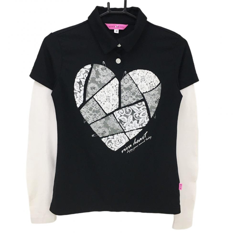 ビバハート 長袖ポロシャツ 黒×白 レイヤード レース レディース 40(M) ゴルフウェア VIVA HEART