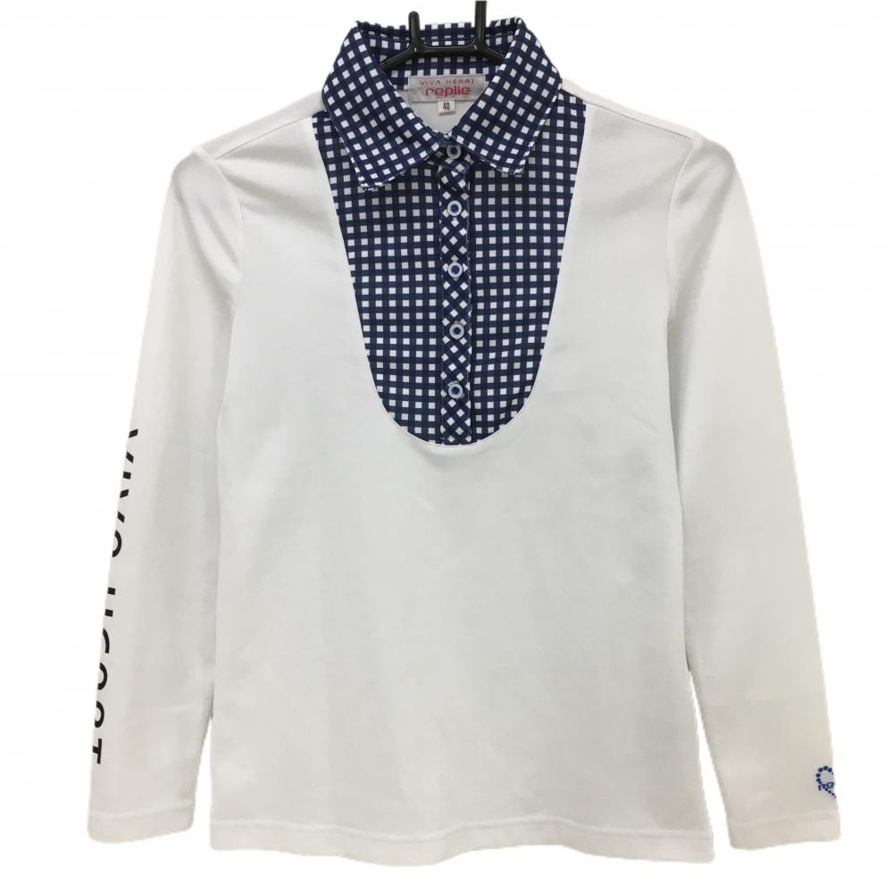 【超美品】ビバハート 長袖ポロシャツ 白×ネイビー 一部ギンガムチェック レプリエ レディース 40(M) ゴルフウェア VIVA HEART
