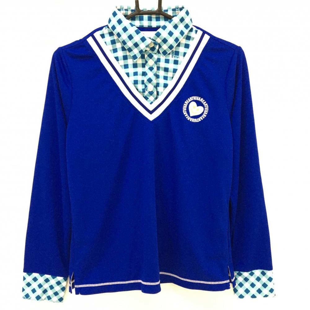 ビバハート 長袖ポロシャツ ブルー×白 重ね着風 一部チェック レディース 42(L) ゴルフウェア VIVA HEART