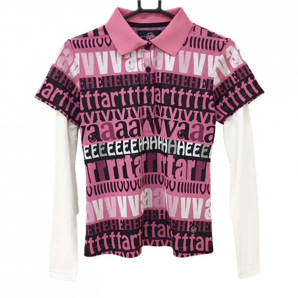 ビバハート 長袖ポロシャツ ピンク×白 英字総柄 重ね着風 襟裏ロゴ レディース 40(M) ゴルフウェア VIVA HEART