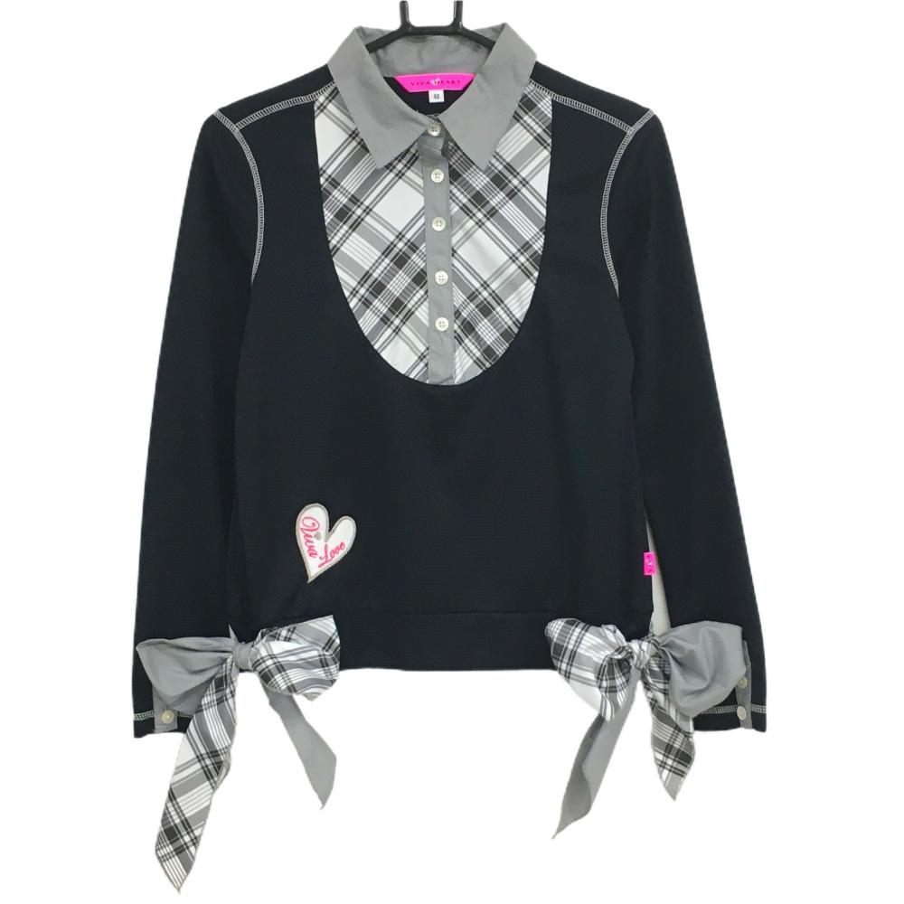 【美品】ビバハート 長袖ポロシャツ 黒×グレー メッシュ調 一部チェック 裾リボン レディース 40(M) ゴルフウェア VIVA HEART
