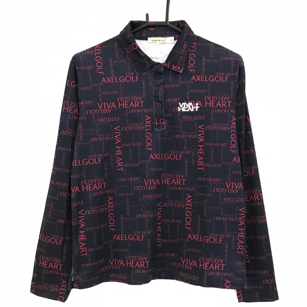 ビバハート 長袖ポロシャツ ダークネイビー×レッド 英字総柄 ロゴ刺しゅう レディース 42(L) ゴルフウェア VIVA HEART