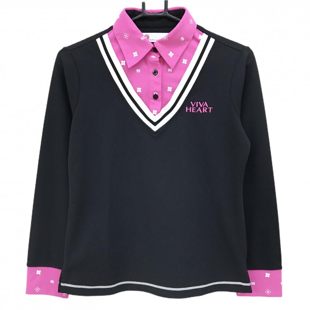 【美品】ビバハート 長袖ポロシャツ 黒×ピンク 重ね着風 襟・袖口ロゴ総柄 レディース 40(M) ゴルフウェア VIVA HEART
