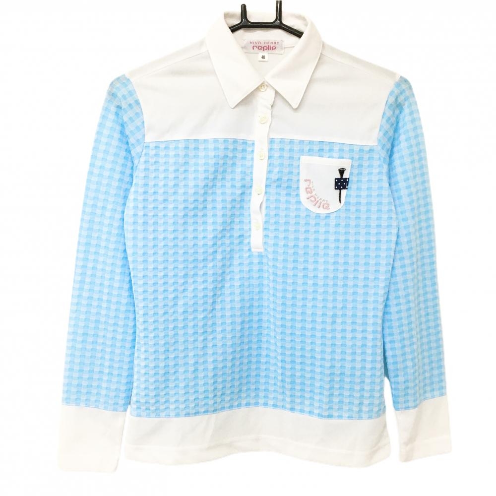 【超美品】ビバハートreplie 長袖ポロシャツ 白×ライトブルー 胸ポケット 一部チェック レディース 40(M) ゴルフウェア VIVA HEART