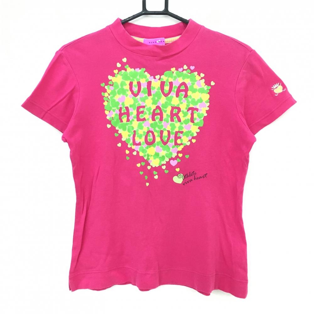 【美品】ビバハート 半袖Tシャツ ピンク ハートプリント  レディース 42 ゴルフウェア VIVA HEART
