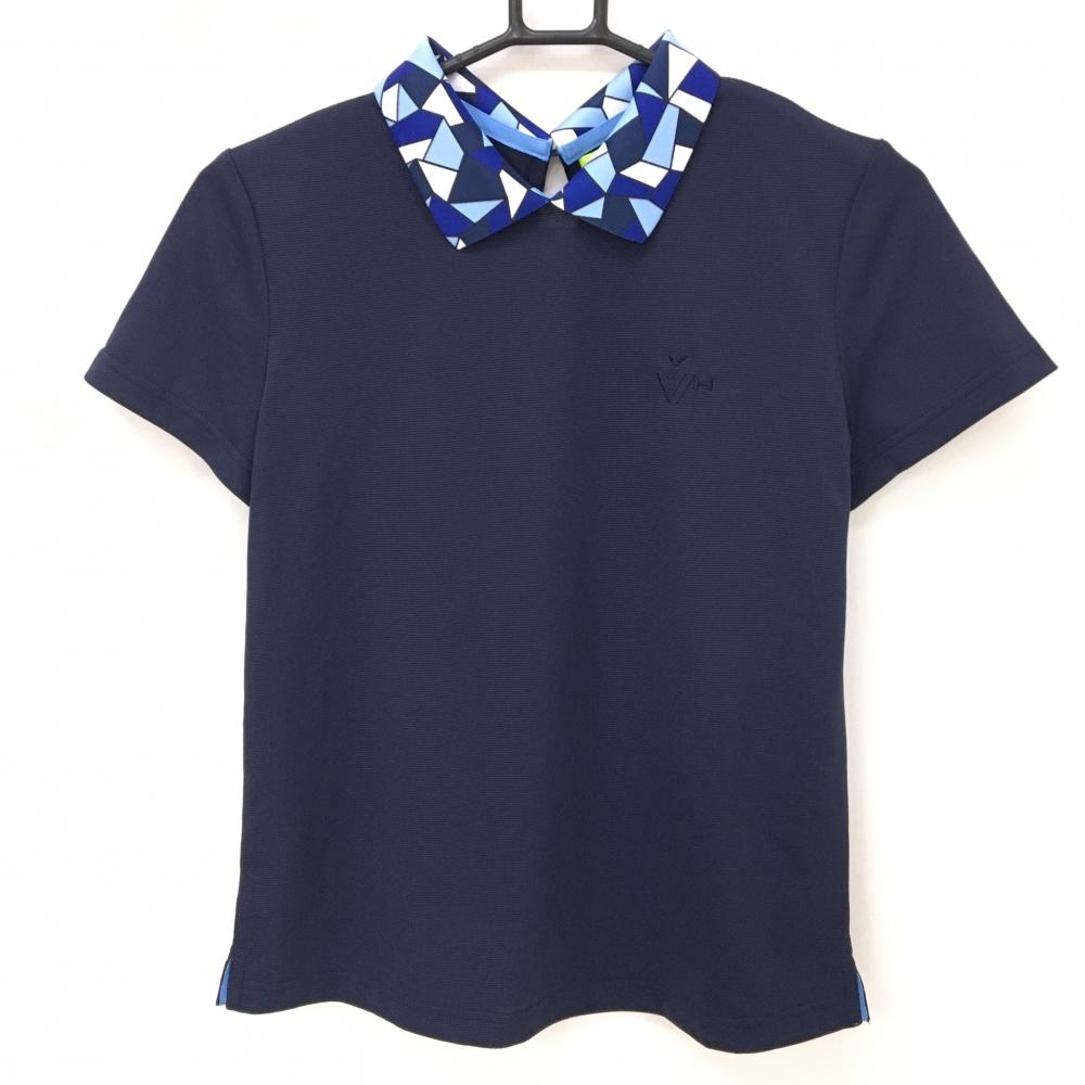 【超美品】ビバハート 襟付き半袖シャツ ネイビー×ブルー 襟総柄 レディース 40(Ｍ) ゴルフウェア VIVA HEART