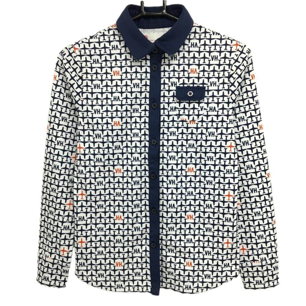 ビバハート 長袖シャツ 白×ネイビー 飛行機総柄 レディース 40(M) ゴルフウェア VIVA HEART