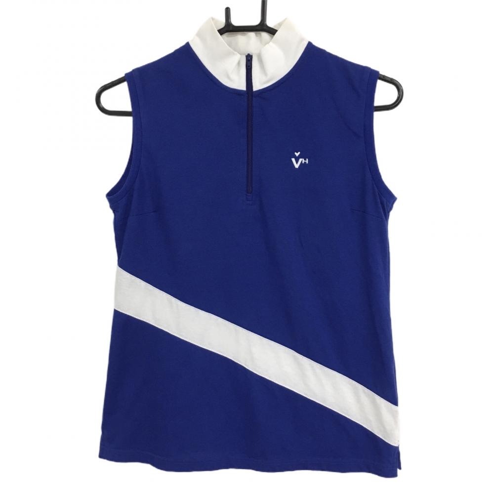 【美品】ビバハート ノースリーブポロシャツ ブルー×白 ハーフジップ バイカラー  レディース 42(L) ゴルフウェア VIVA HEART