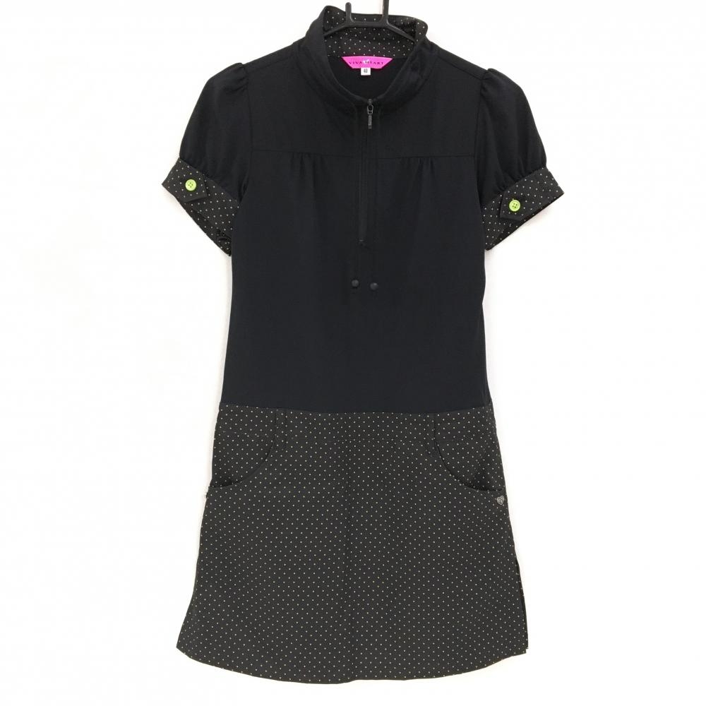 【超美品】ビバハート 半袖ハイネックワンピース 黒×ライトグリーン ドット レディース 40 ゴルフウェア VIVA HEART