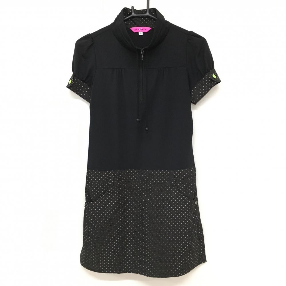 【美品】ビバハート 半袖ハイネックワンピース 黒×ライトグリーン  レディース 40(M) ゴルフウェア VIVA HEART