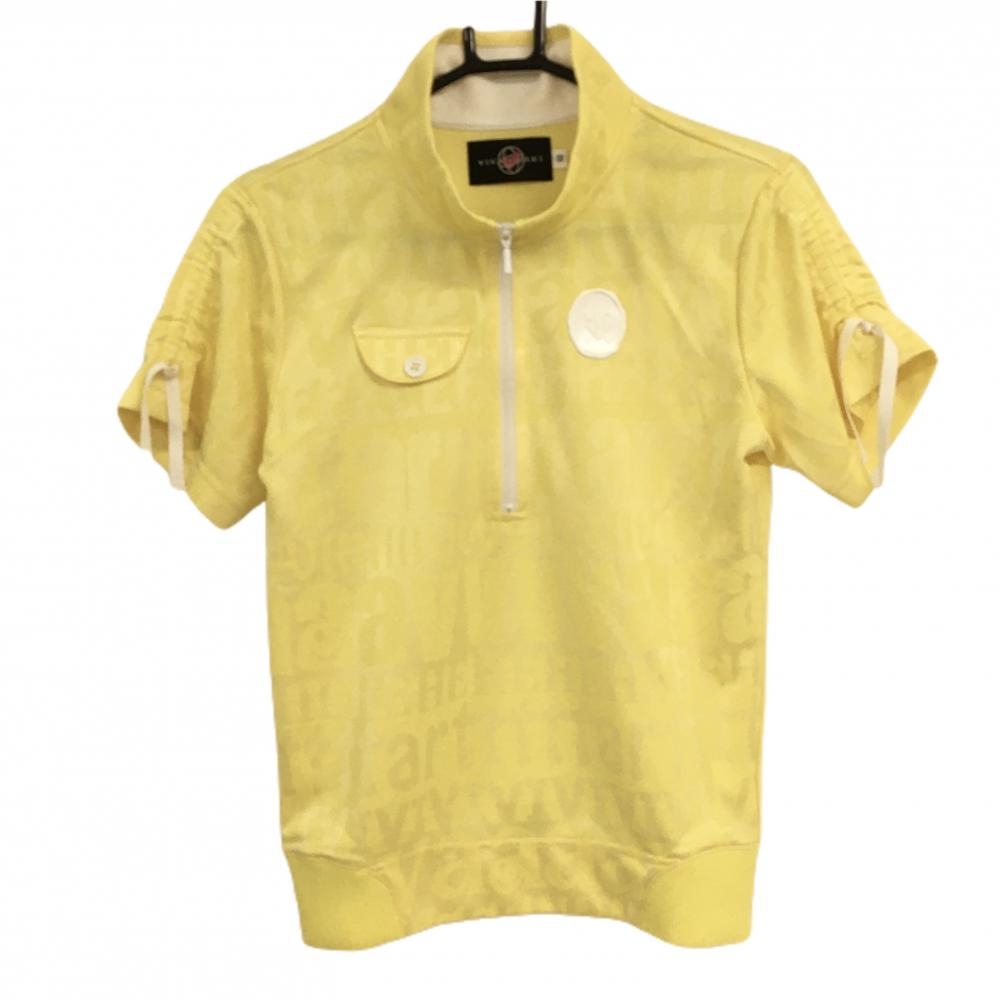 【美品】ビバハート 半袖ハイネックシャツ イエロー 地模様 ハーフジップ 袖シャーリング レディース 40(M) ゴルフウェア VIVA HEART