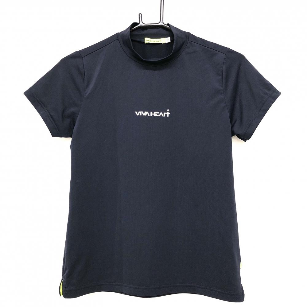 【超美品】ビバハート 半袖ハイネックシャツ ネイビー×白 フロントロゴ レディース 40(M) ゴルフウェア VIVA HEART