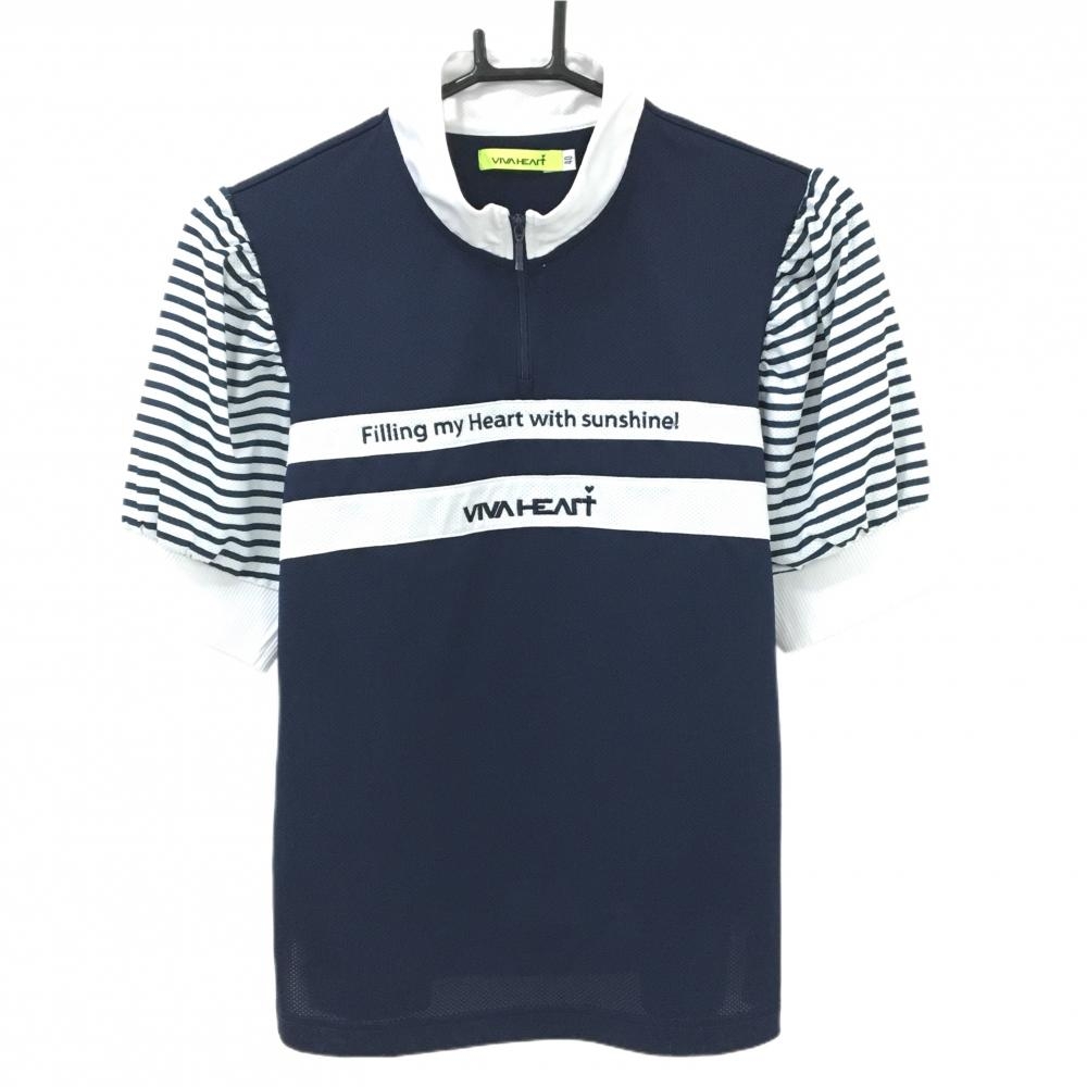 【美品】ビバハート 半袖ハイネックシャツ ネイビー×白 ハーフジップ 袖ボーダー  レディース 40(M) ゴルフウェア VIVA HEART