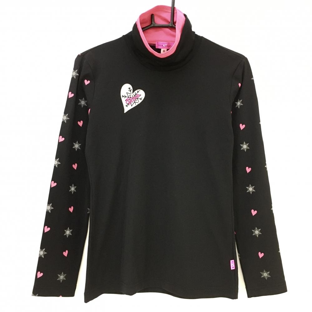 【美品】ビバハート 長袖ハイネックシャツ 黒×ピンク 袖ハート柄  二重ネック レディース 40 ゴルフウェア VIVA HEART