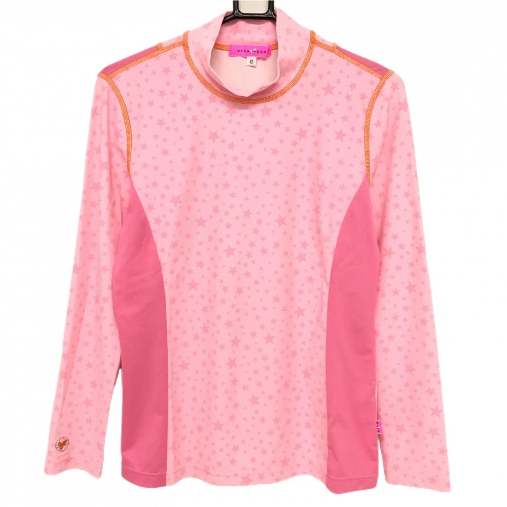 ビバハート 長袖ハイネックシャツ ライトピンク×ピンク 星柄 ストレッチ レディース 42(L) ゴルフウェア VIVA HEART