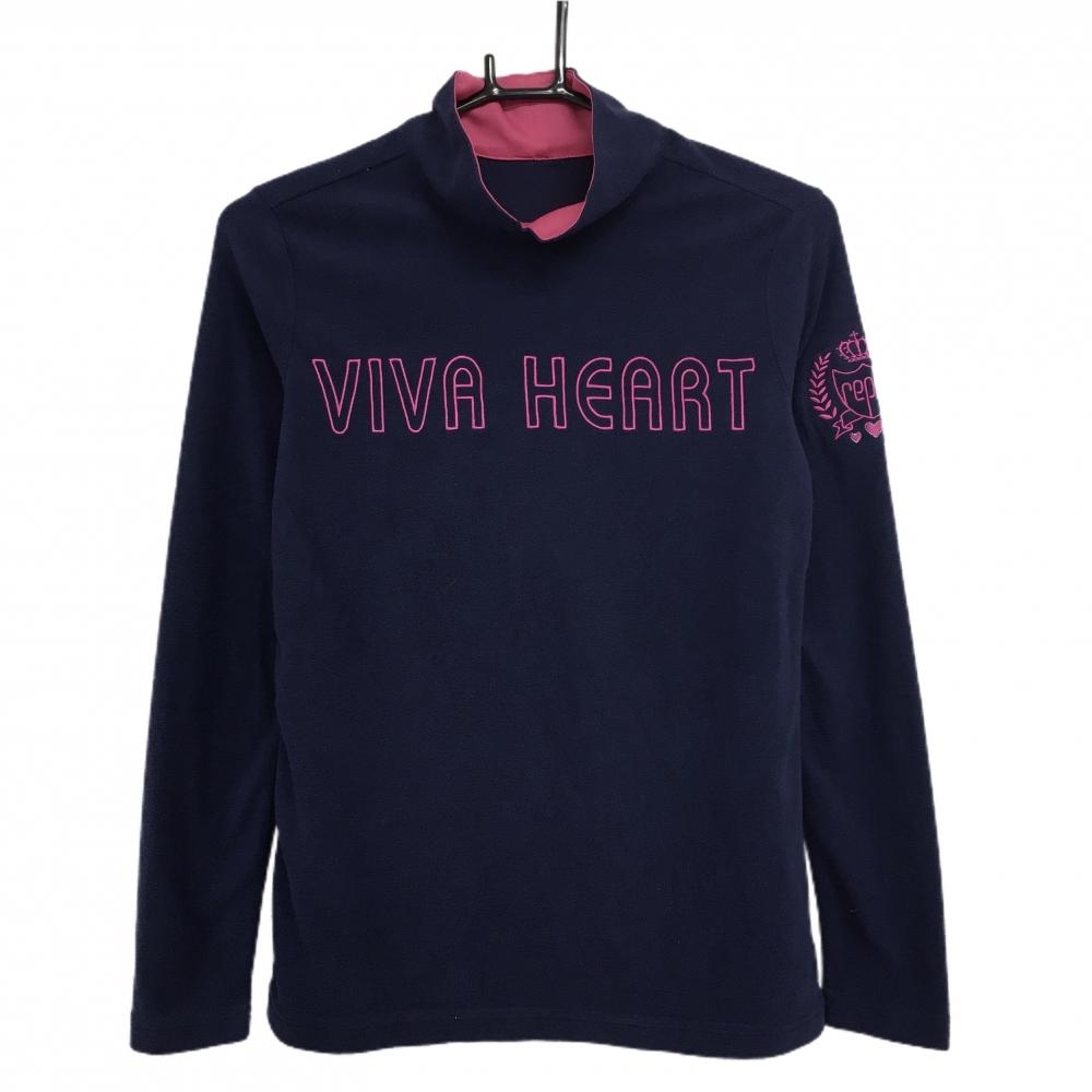【美品】ビバハート 長袖ハイネックシャツ　ネイビー×ピンク 微起毛 ロゴ刺しゅう レディース 40(M) ゴルフウェア VIVA HEART