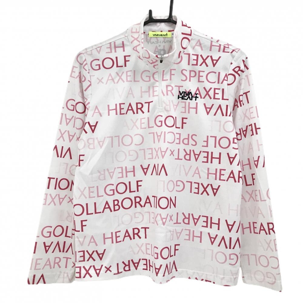 【超美品】ビバハート 長袖ハイネックシャツ 白×ピンク ロゴ総柄 ハーフジップ レディース L ゴルフウェア VIVA HEART