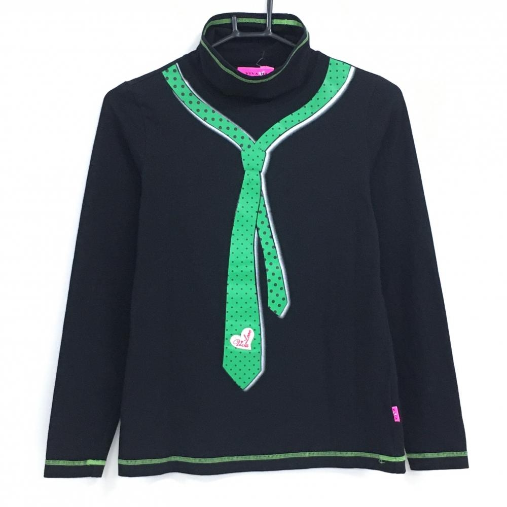 ビバハート 長袖ハイネックシャツ 黒×グリーン ネクタイプリント レディース 40(M) ゴルフウェア VIVA HEART