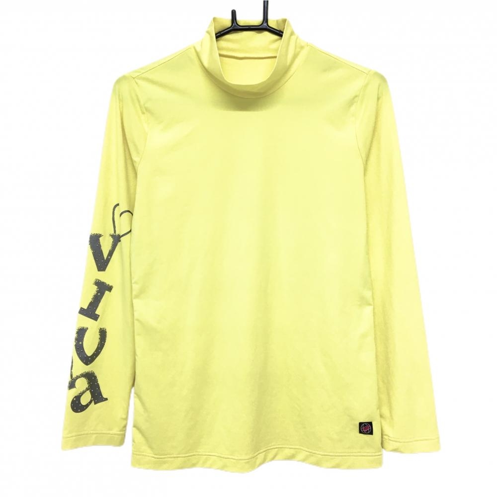 【美品】ビバハート 長袖ハイネックシャツ イエロー×グレー サイド2ライン 袖ハートプリント レディース 42(L) ゴルフウェア VIVA HEART