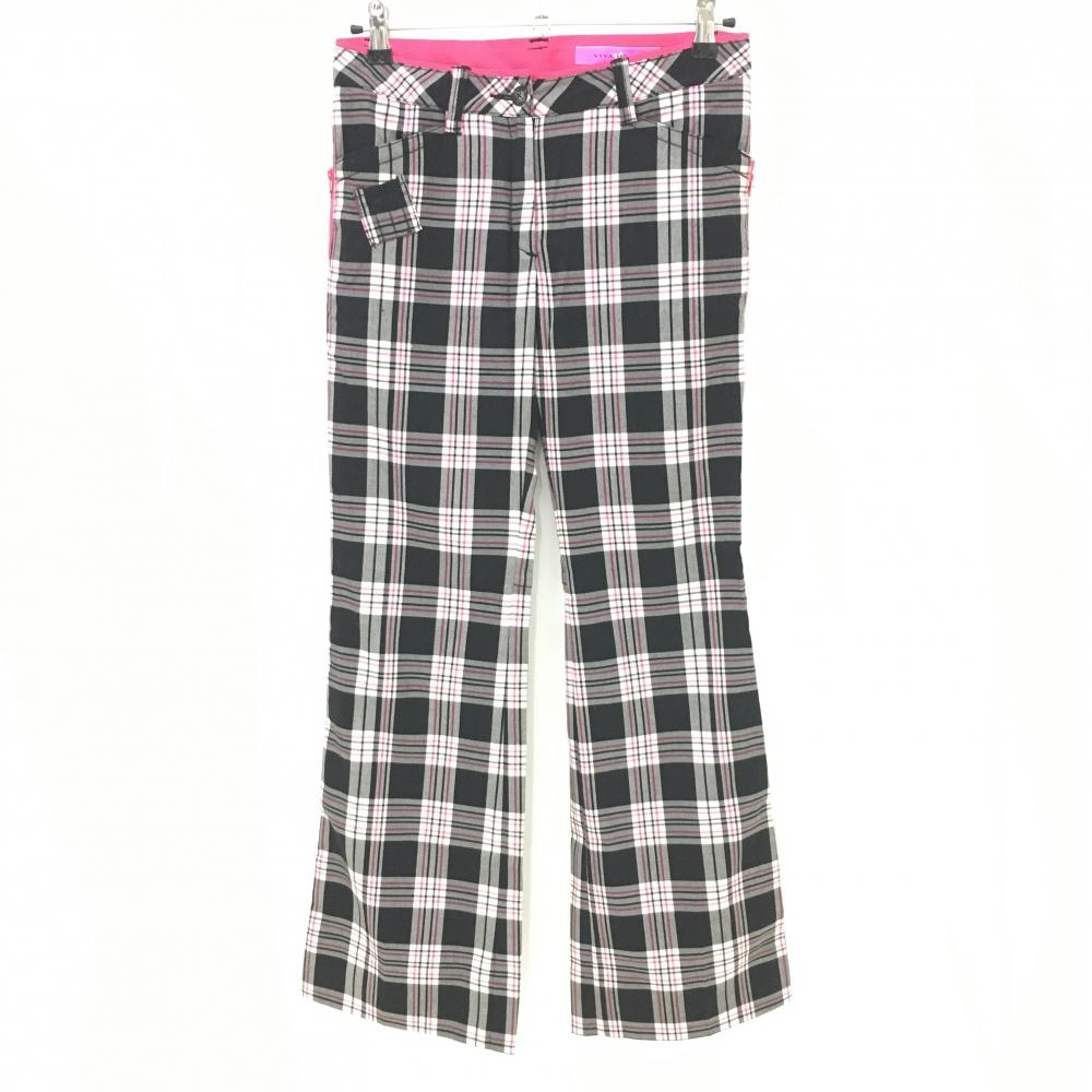 【美品】ビバハート パンツ 黒×白×ピンク チェック ティー装着可 レディース 40 ゴルフウェア VIVA HEART