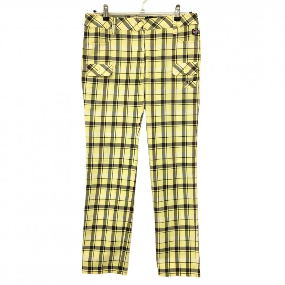 【超美品】ビバハート パンツ イエロー×ブラウン チェック ティー装着可 レディース 42(L) ゴルフウェア VIVA HEART