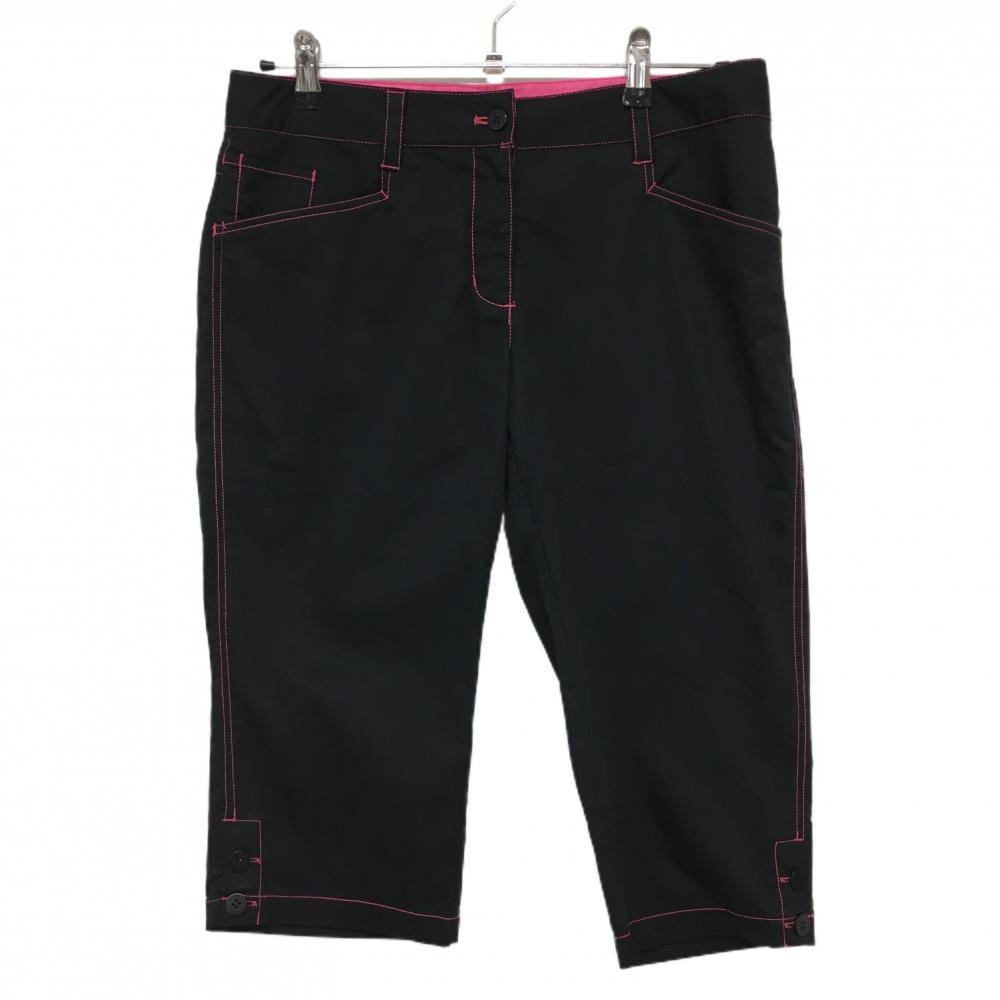【超美品】ビバハート ハーフパンツ 黒 ステッチピンク ストライプ地模様 半端丈 レディース 42(L) ゴルフウェア VIVA HEART
